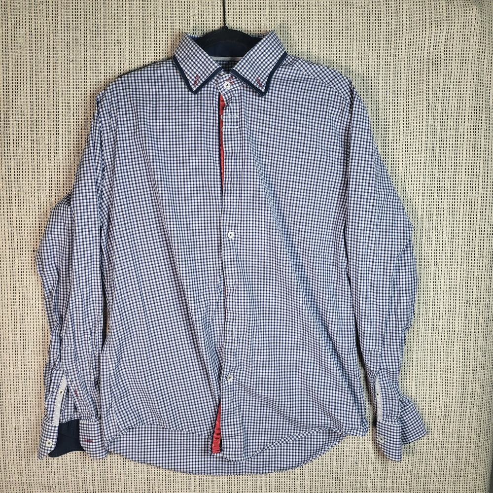 Zara Man Shirt Mens‎ XL Blue White Checkered Slim Fit Long Sleeve Button Down